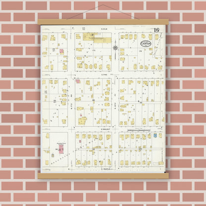 Old map wall art mockup — magnetic wood frame on brick wall — Sanborn Fire Insurance Map from Canton, Fulton County, Illinois (1917), Sheet #0016
