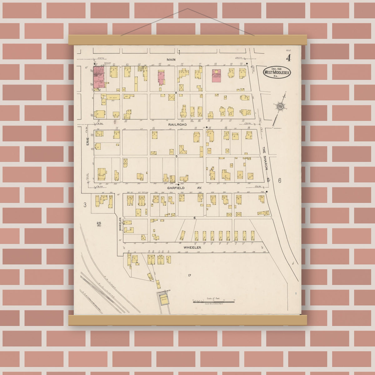 Old map wall art mockup — magnetic wood frame on brick wall — Sanborn Fire Insurance Map from West Middlesex, Mercer County, Pennsylvania (1921), Sheet #0004