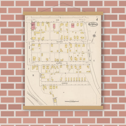 Old map wall art mockup — magnetic wood frame on brick wall — Sanborn Fire Insurance Map from West Middlesex, Mercer County, Pennsylvania (1921), Sheet #0004