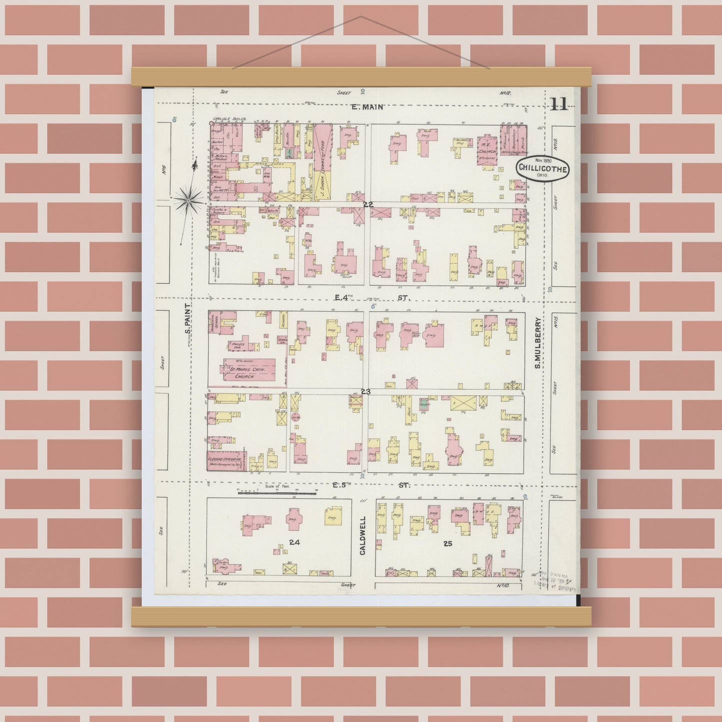 Old map wall art mockup — magnetic wood frame on brick wall — Sanborn Fire Insurance Map from Chillicothe, Ross County, Ohio (1890), Sheet #0011