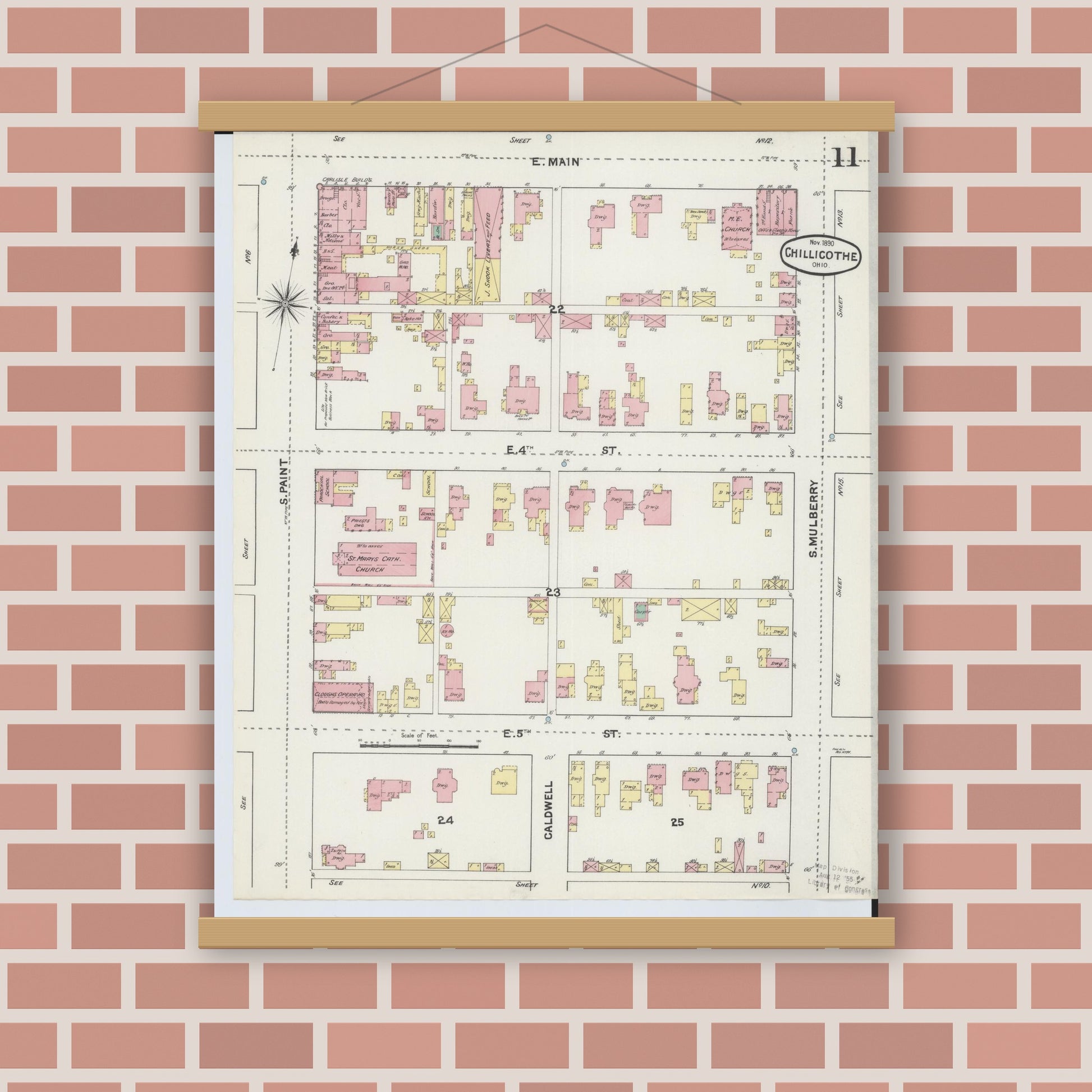 Old map wall art mockup — magnetic wood frame on brick wall — Sanborn Fire Insurance Map from Chillicothe, Ross County, Ohio (1890), Sheet #0011