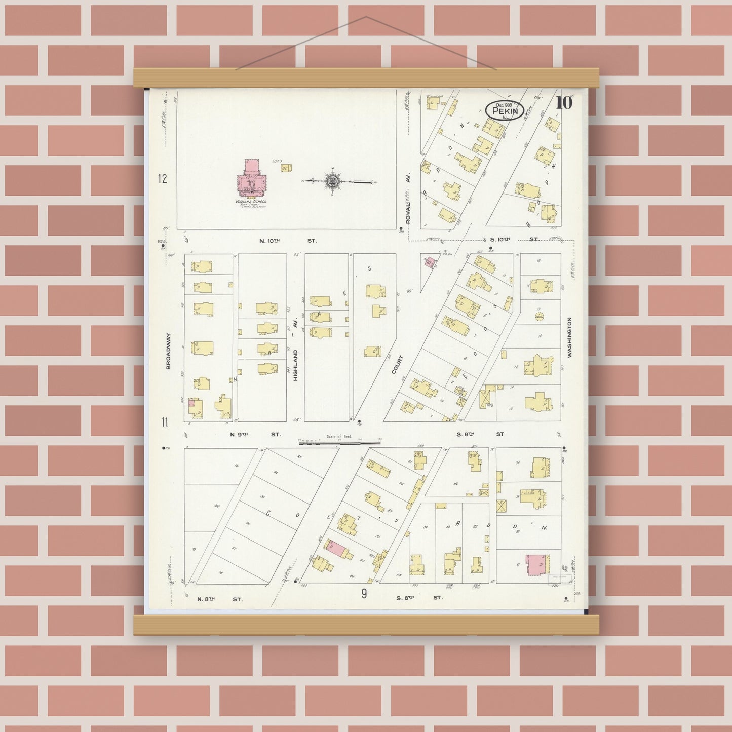 Old map wall art mockup — magnetic wood frame on brick wall — Sanborn Fire Insurance Map from Pekin, Tazewell County, Illinois (1909), Sheet #0010