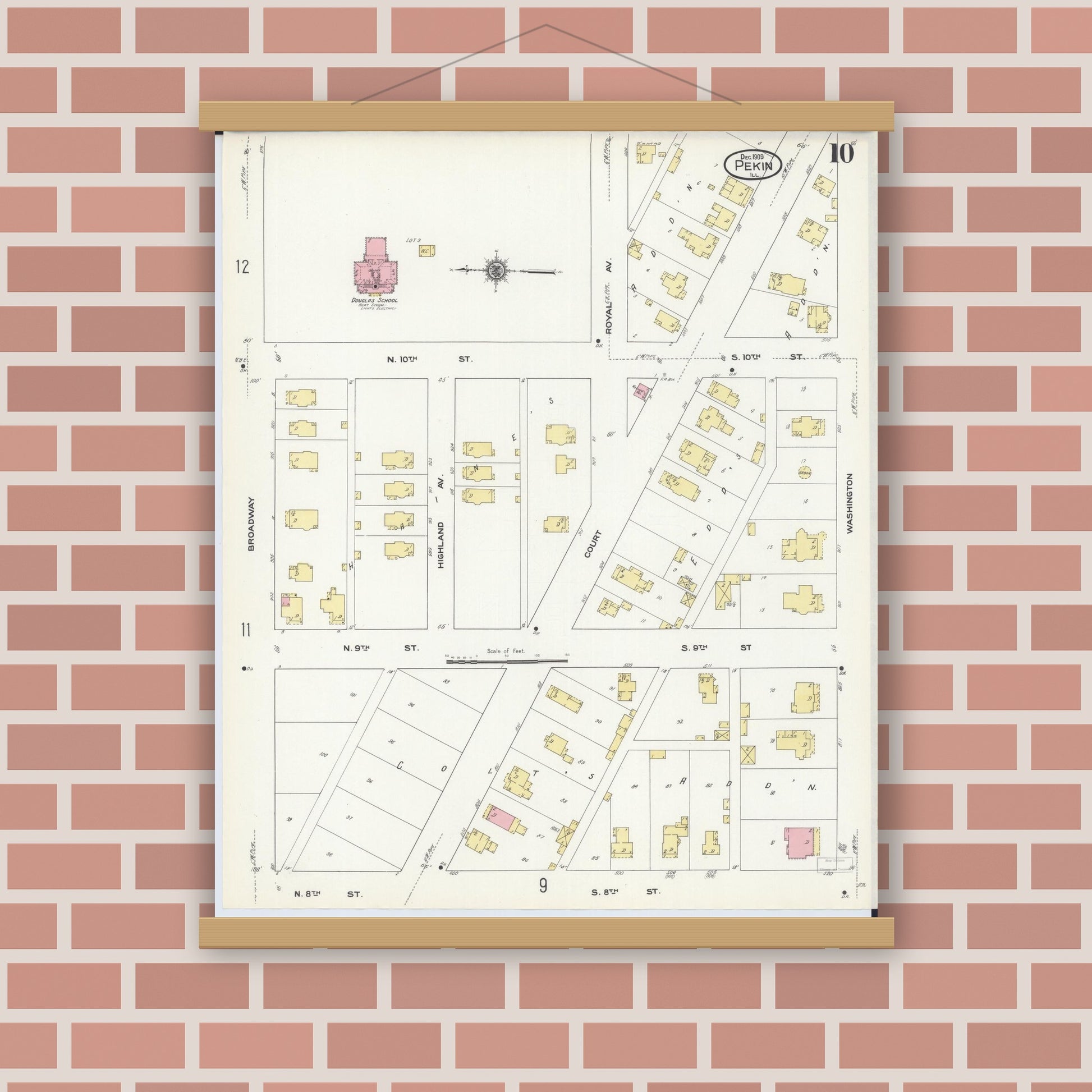 Old map wall art mockup — magnetic wood frame on brick wall — Sanborn Fire Insurance Map from Pekin, Tazewell County, Illinois (1909), Sheet #0010