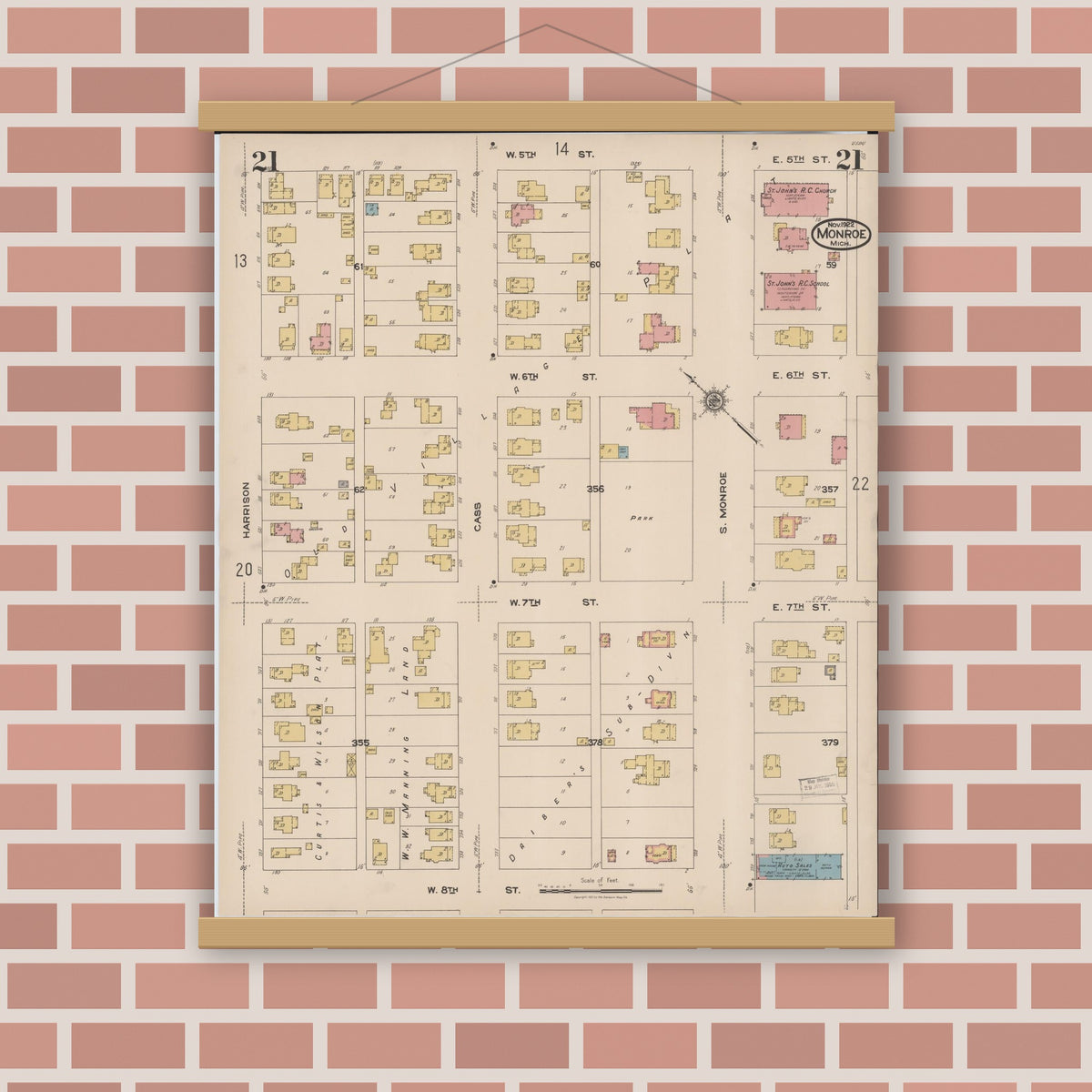 Old map wall art mockup — magnetic wood frame on brick wall — Sanborn Fire Insurance Map from Monroe, Monroe County, Michigan (1922), Sheet #0021