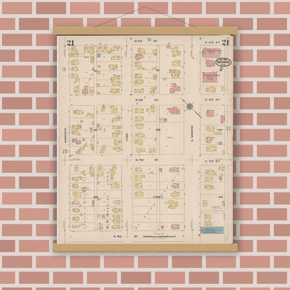 Old map wall art mockup — magnetic wood frame on brick wall — Sanborn Fire Insurance Map from Monroe, Monroe County, Michigan (1922), Sheet #0021