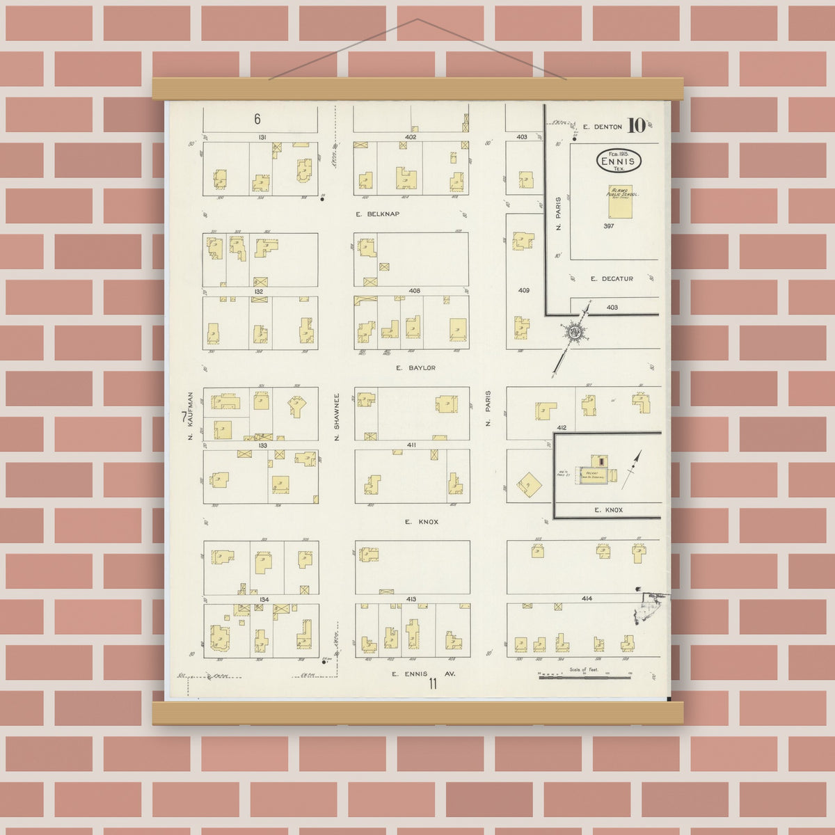Old map wall art mockup — magnetic wood frame on brick wall — Sanborn Fire Insurance Map from Ennis, Ellis County, Texas (1915), Sheet #0010