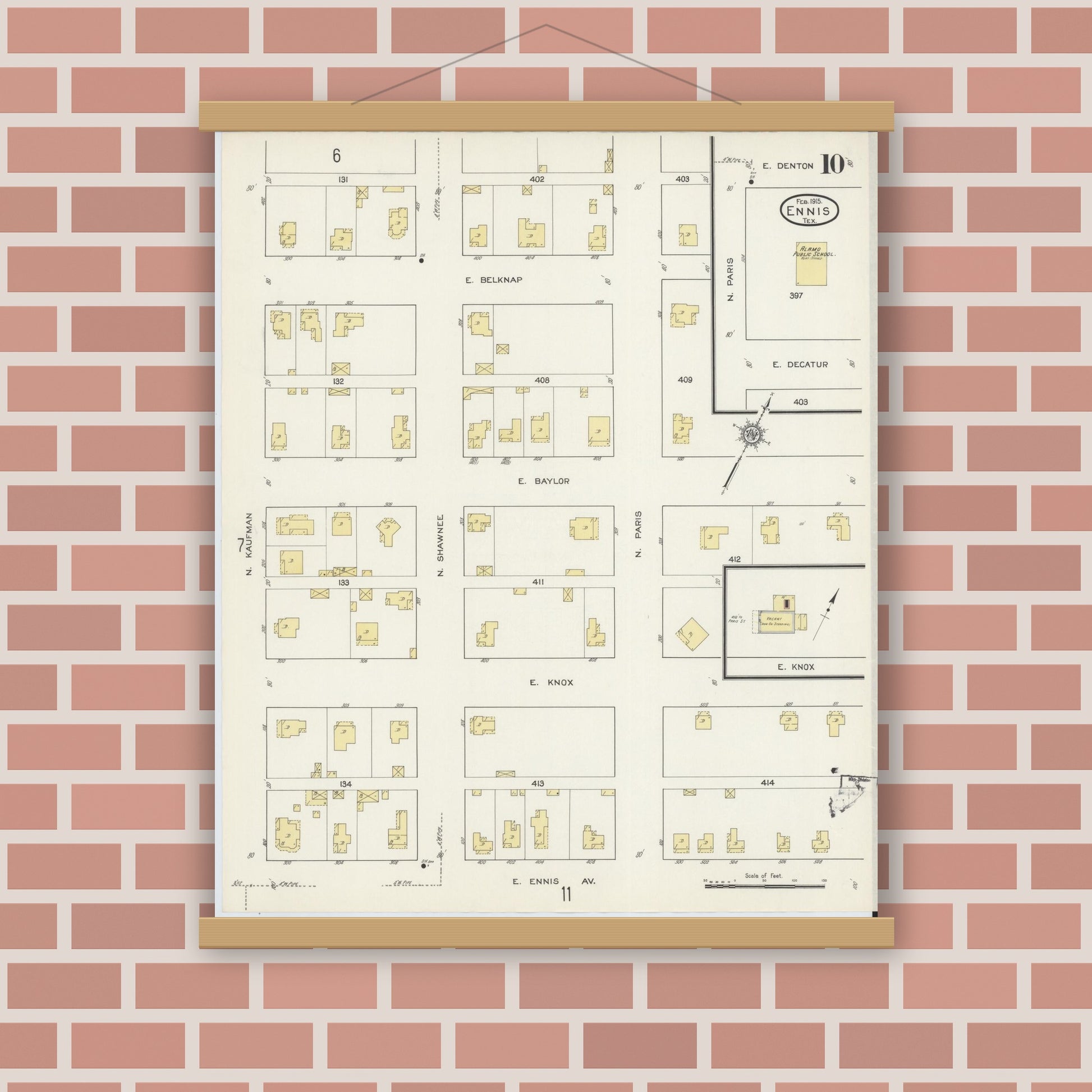 Old map wall art mockup — magnetic wood frame on brick wall — Sanborn Fire Insurance Map from Ennis, Ellis County, Texas (1915), Sheet #0010