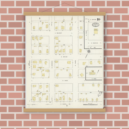 Old map wall art mockup — magnetic wood frame on brick wall — Sanborn Fire Insurance Map from Ennis, Ellis County, Texas (1915), Sheet #0010