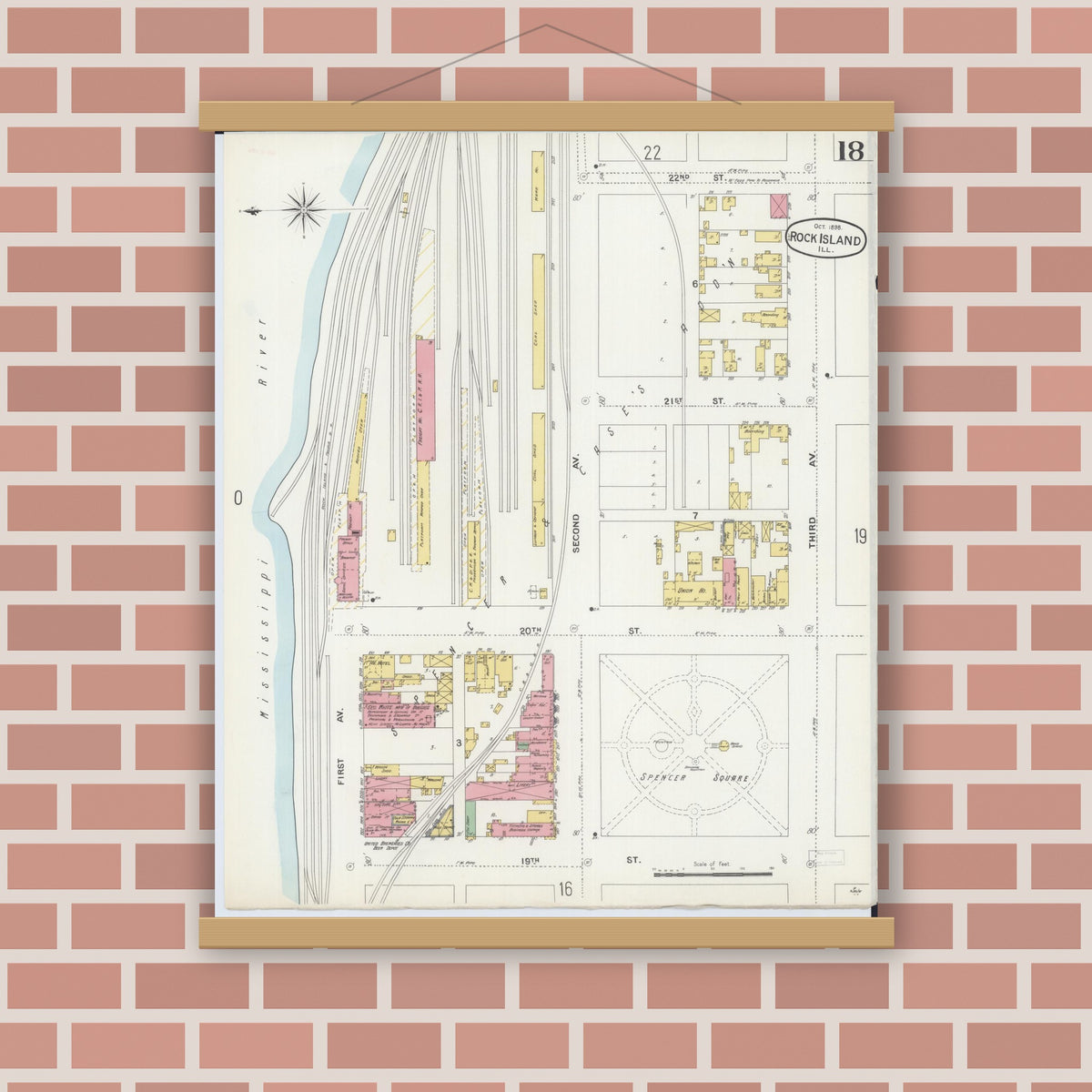 Old map wall art mockup — magnetic wood frame on brick wall — Sanborn Fire Insurance Map from Rock Island, Rock Island County, Illinois (1898), Sheet #0018