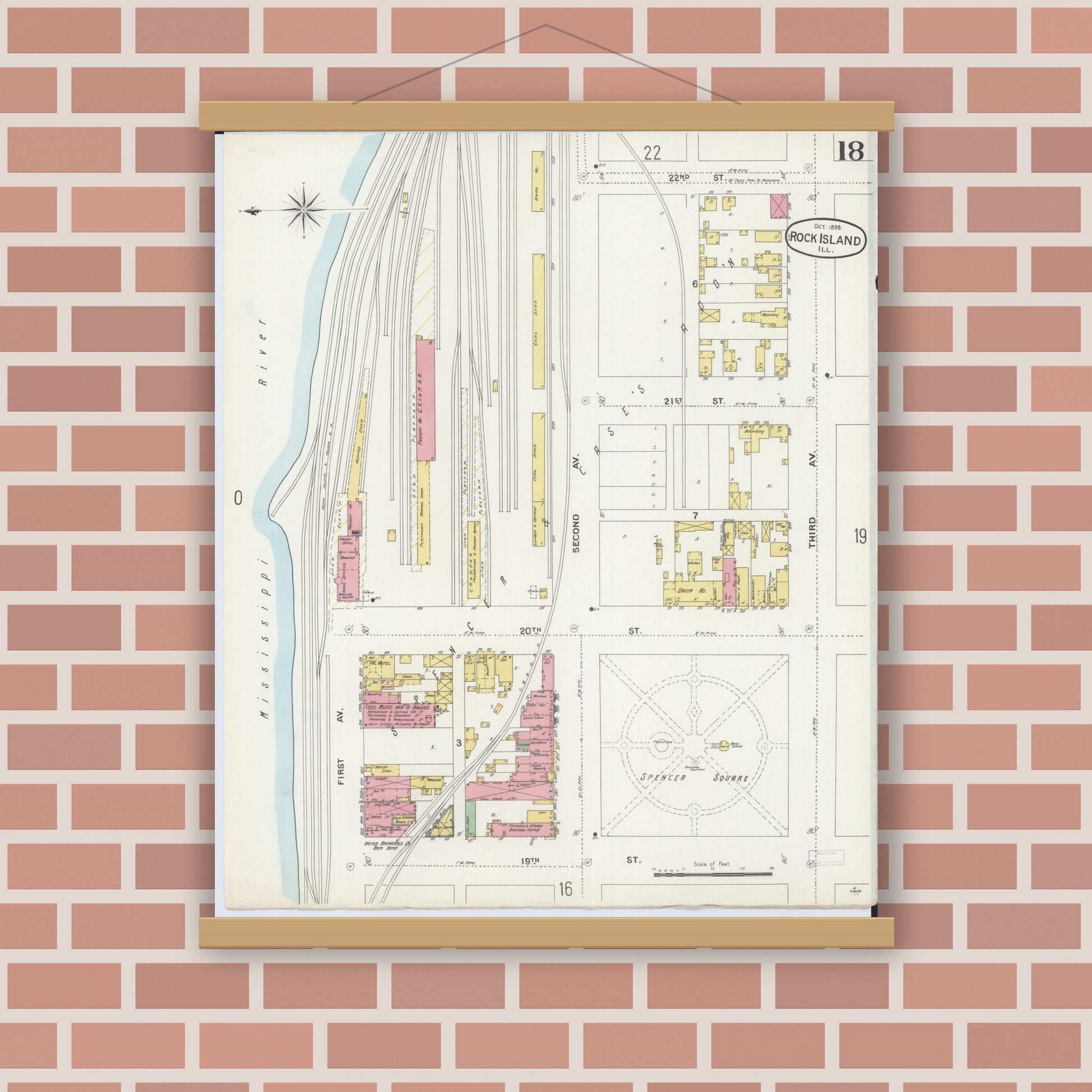 Old map wall art mockup — magnetic wood frame on brick wall — Sanborn Fire Insurance Map from Rock Island, Rock Island County, Illinois (1898), Sheet #0018