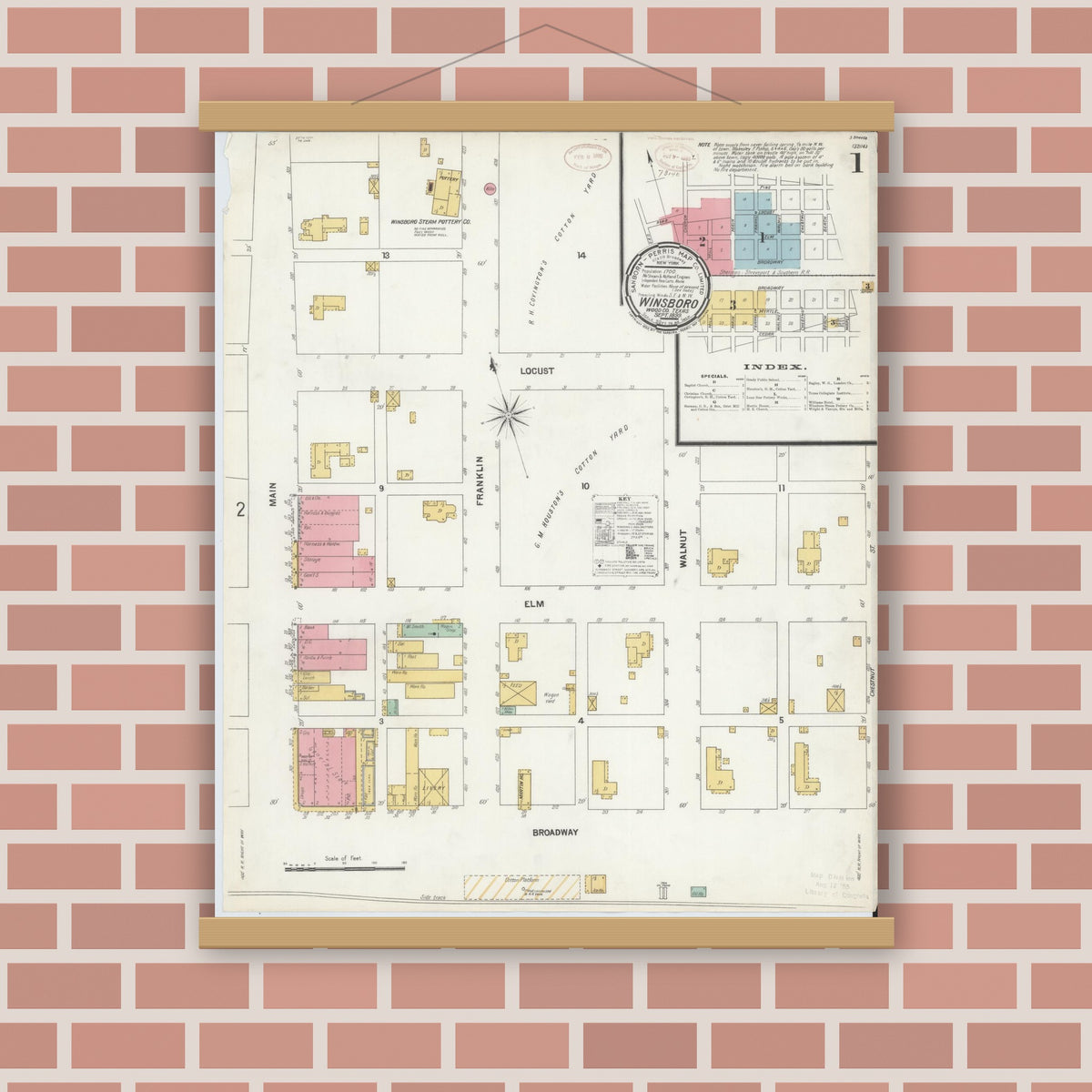 Old map wall art mockup — magnetic wood frame on brick wall — Sanborn Fire Insurance Map from Winnsboro, Wood County, Texas (1899), Sheet #0001