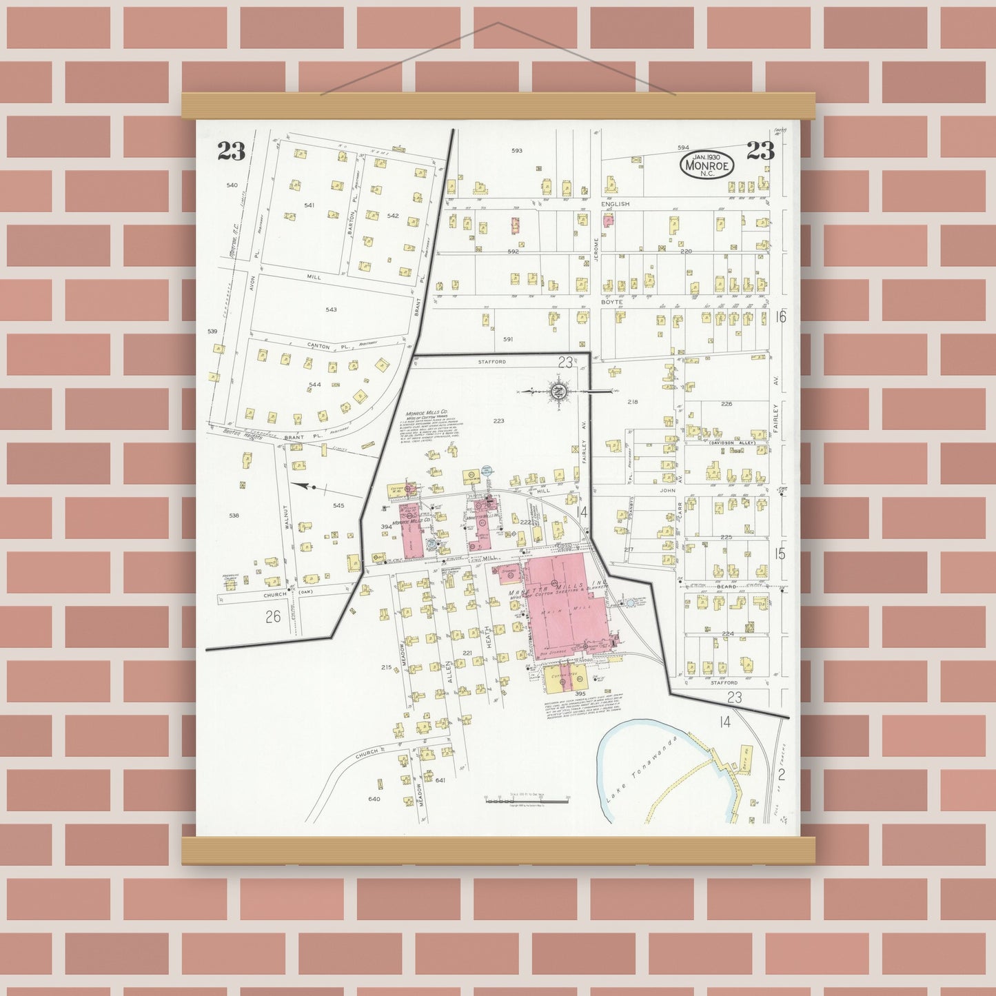 Old map wall art mockup — magnetic wood frame on brick wall — Sanborn Fire Insurance Map from Monroe, Union County, North Carolina (1930), Sheet #0023