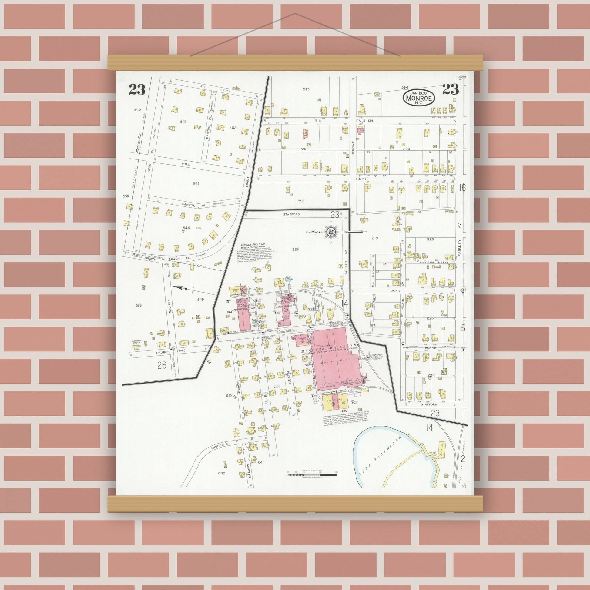 Old map wall art mockup — magnetic wood frame on brick wall — Sanborn Fire Insurance Map from Monroe, Union County, North Carolina (1930), Sheet #0023