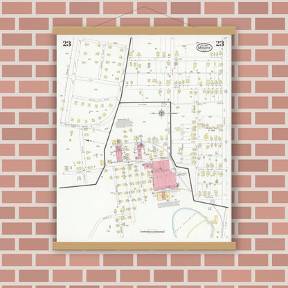 Old map wall art mockup — magnetic wood frame on brick wall — Sanborn Fire Insurance Map from Monroe, Union County, North Carolina (1930), Sheet #0023