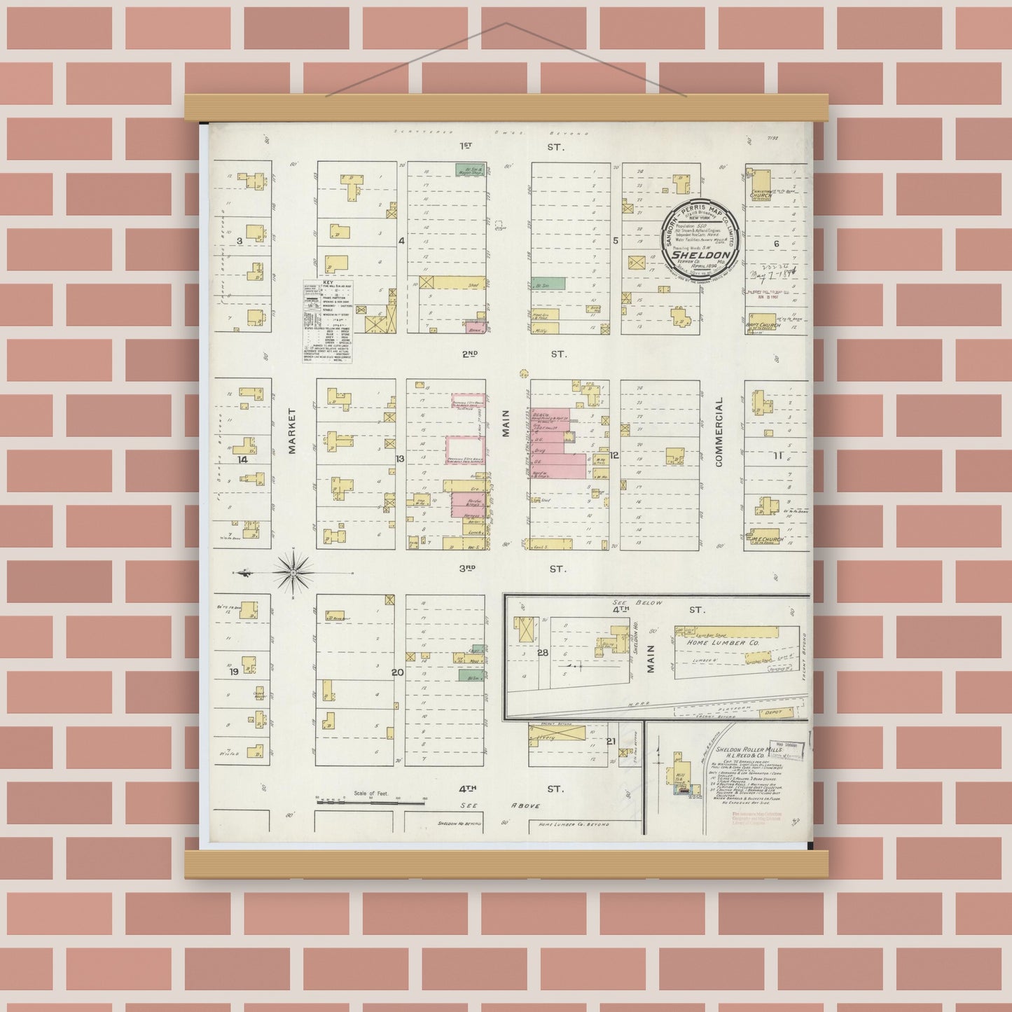Old map wall art mockup — magnetic wood frame on brick wall — Sanborn Fire Insurance Map from Sheldon, Vernon County, Missouri (1894), Sheet #0001