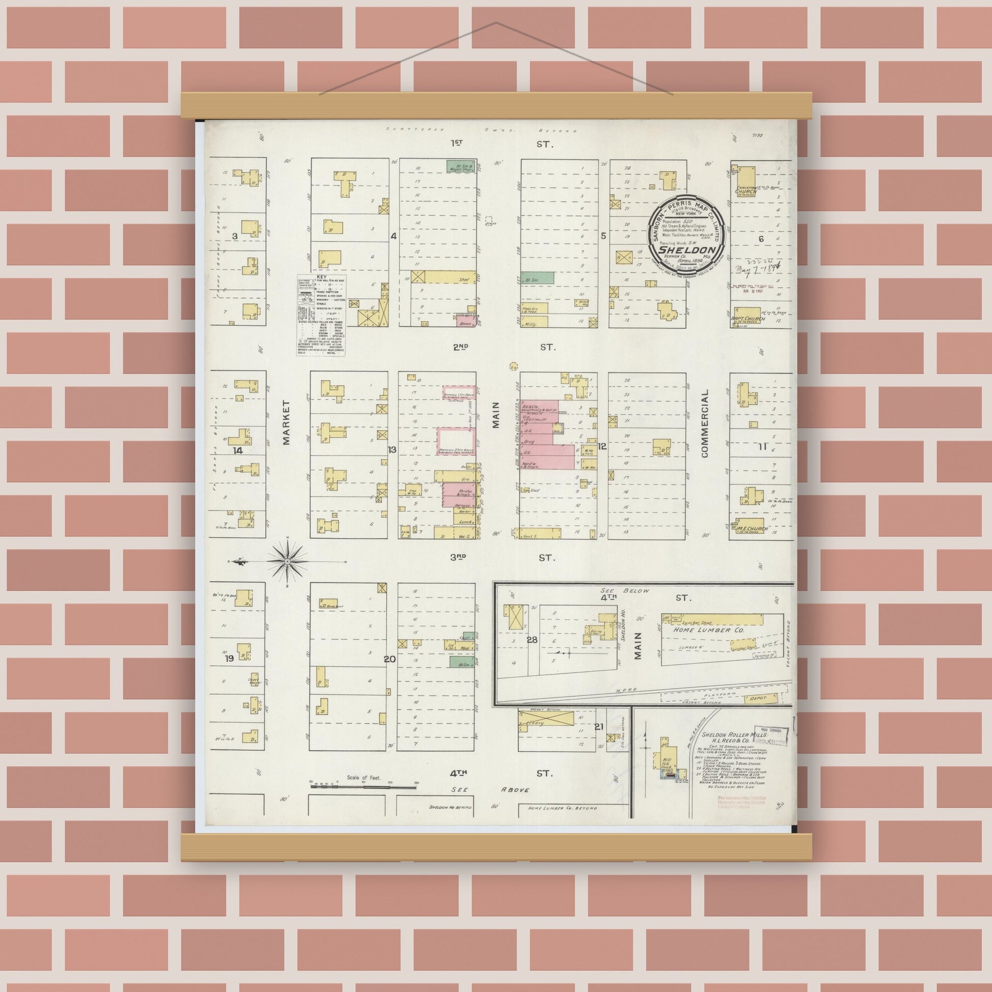 Old map wall art mockup — magnetic wood frame on brick wall — Sanborn Fire Insurance Map from Sheldon, Vernon County, Missouri (1894), Sheet #0001