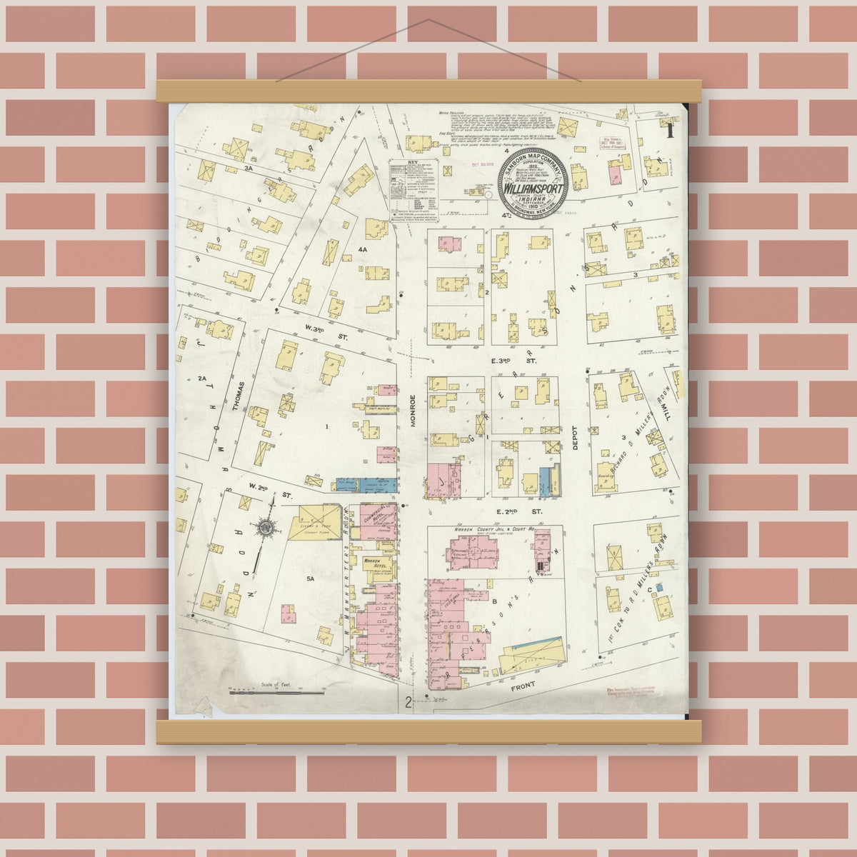 Old map wall art mockup — magnetic wood frame on brick wall — Sanborn Fire Insurance Map from Williamsport, Warren County, Indiana (1910), Sheet #0001