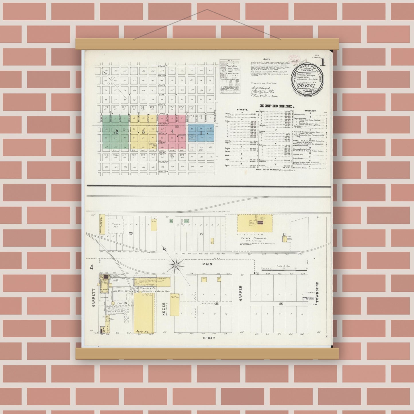 Old map wall art mockup — magnetic wood frame on brick wall — Sanborn Fire Insurance Map from Calvert, Robertson County, Texas (1896), Sheet #0001