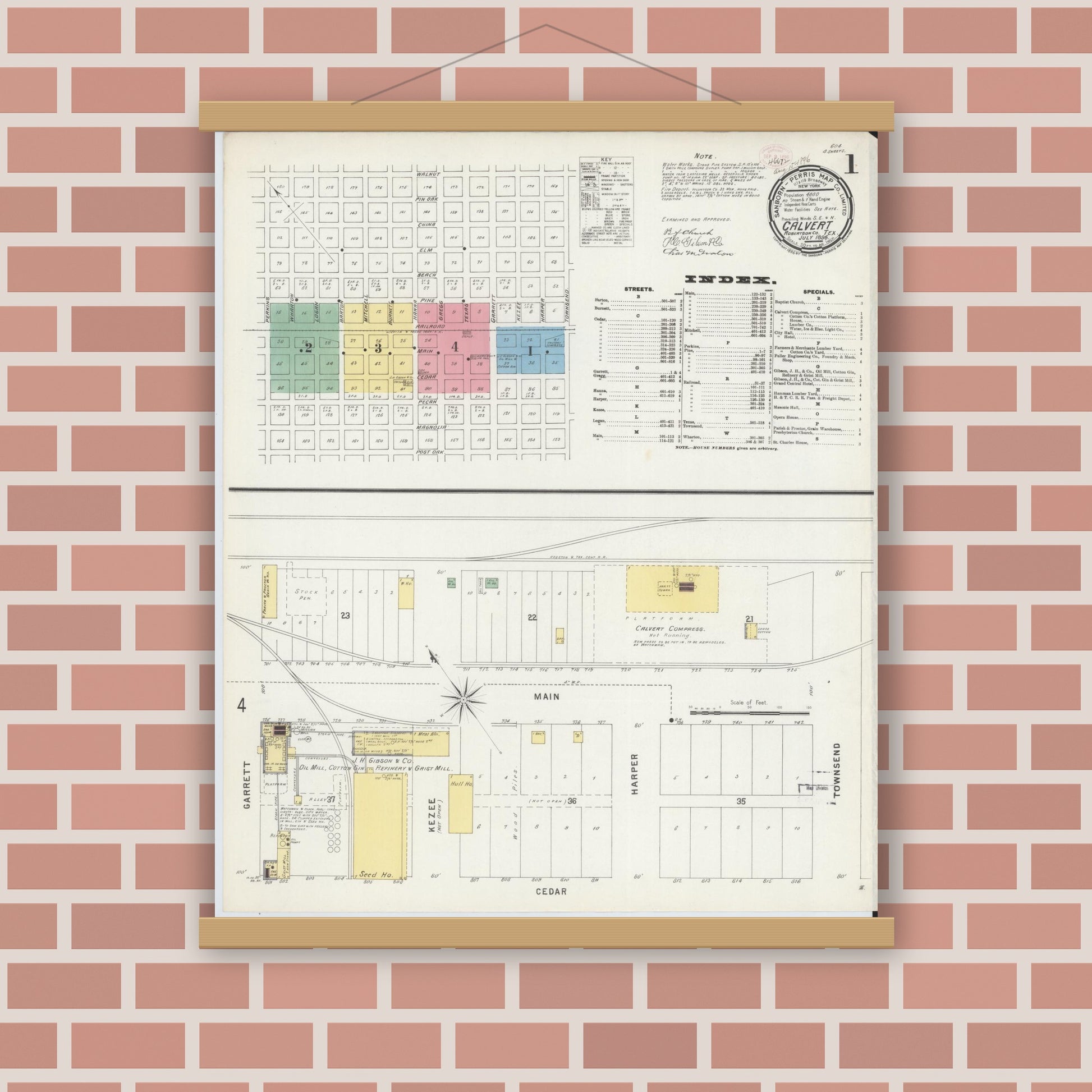 Old map wall art mockup — magnetic wood frame on brick wall — Sanborn Fire Insurance Map from Calvert, Robertson County, Texas (1896), Sheet #0001