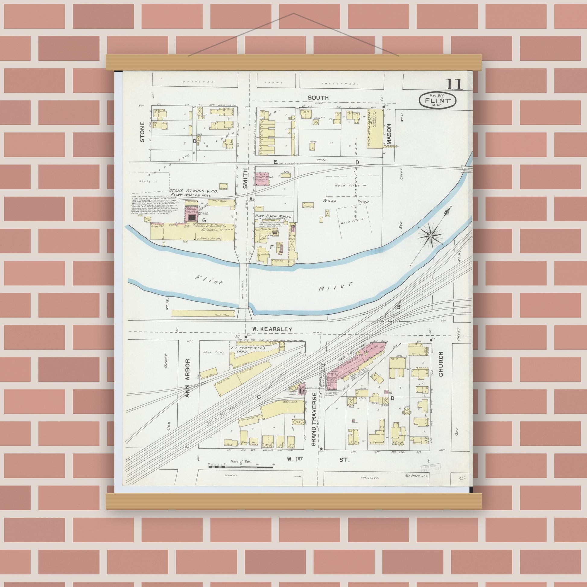 Old map wall art mockup — magnetic wood frame on brick wall — Sanborn Fire Insurance Map from Flint, Genesee County, Michigan (1892), Sheet #0011
