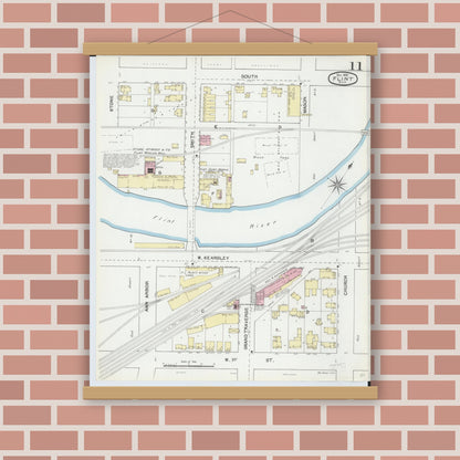 Old map wall art mockup — magnetic wood frame on brick wall — Sanborn Fire Insurance Map from Flint, Genesee County, Michigan (1892), Sheet #0011