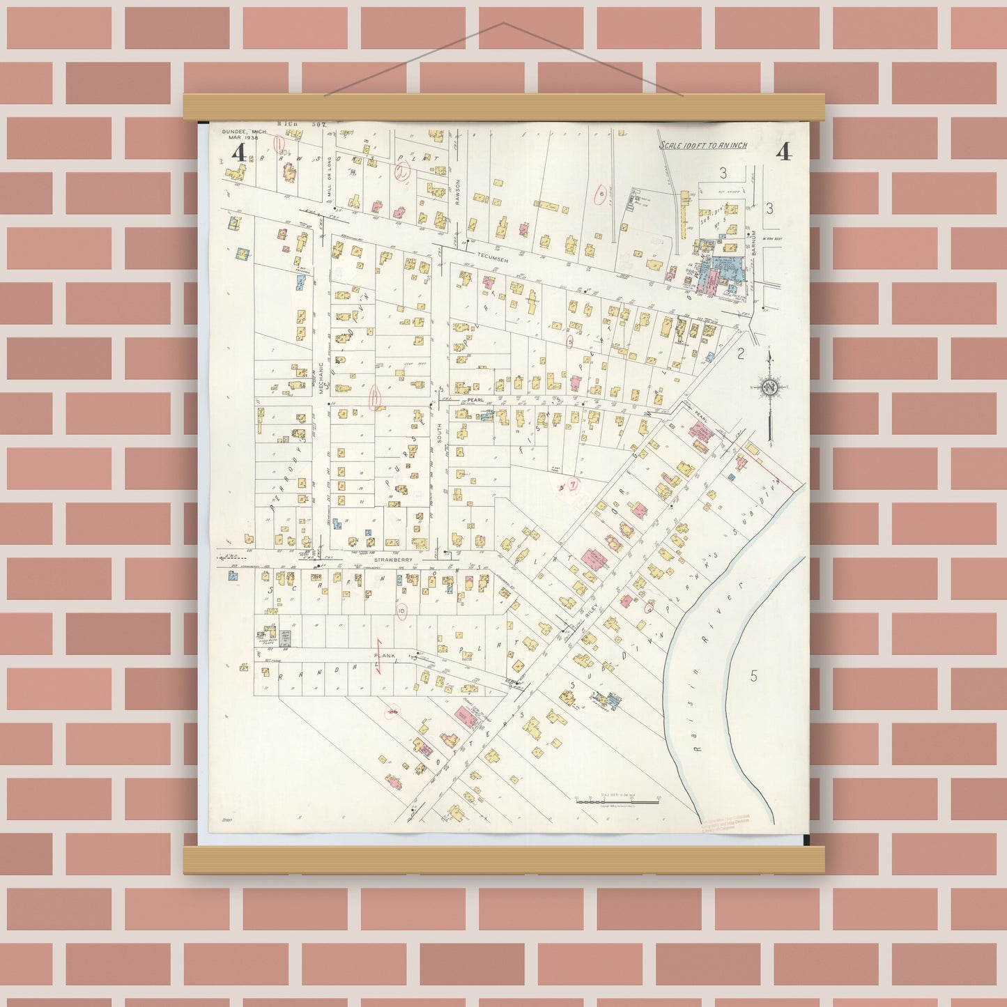 Old map wall art mockup — magnetic wood frame on brick wall — Sanborn Fire Insurance Map from Dundee, Monroe County, Michigan (1949), Sheet #0004