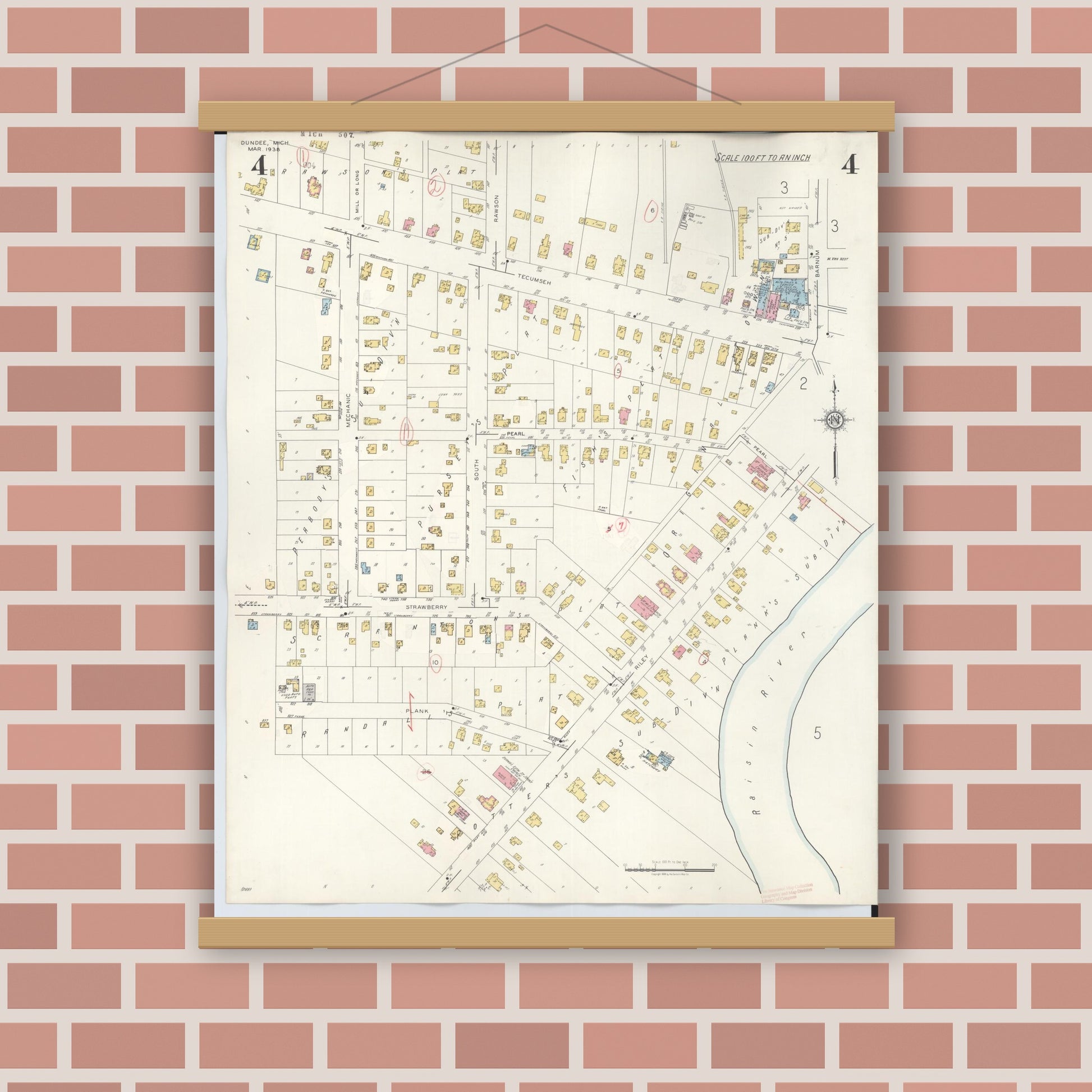 Old map wall art mockup — magnetic wood frame on brick wall — Sanborn Fire Insurance Map from Dundee, Monroe County, Michigan (1949), Sheet #0004