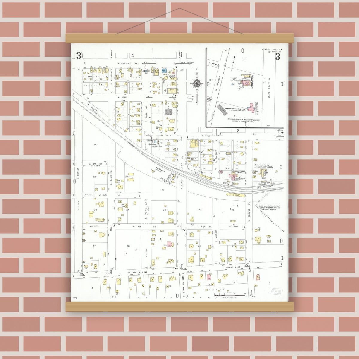 Old map wall art mockup — magnetic wood frame on brick wall — Sanborn Fire Insurance Map from Karnes City, Karnes County, Texas (1951), Sheet #0003