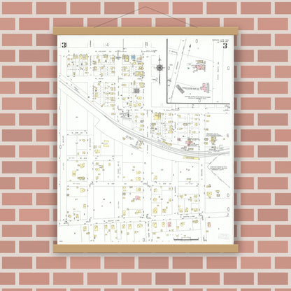 Old map wall art mockup — magnetic wood frame on brick wall — Sanborn Fire Insurance Map from Karnes City, Karnes County, Texas (1951), Sheet #0003
