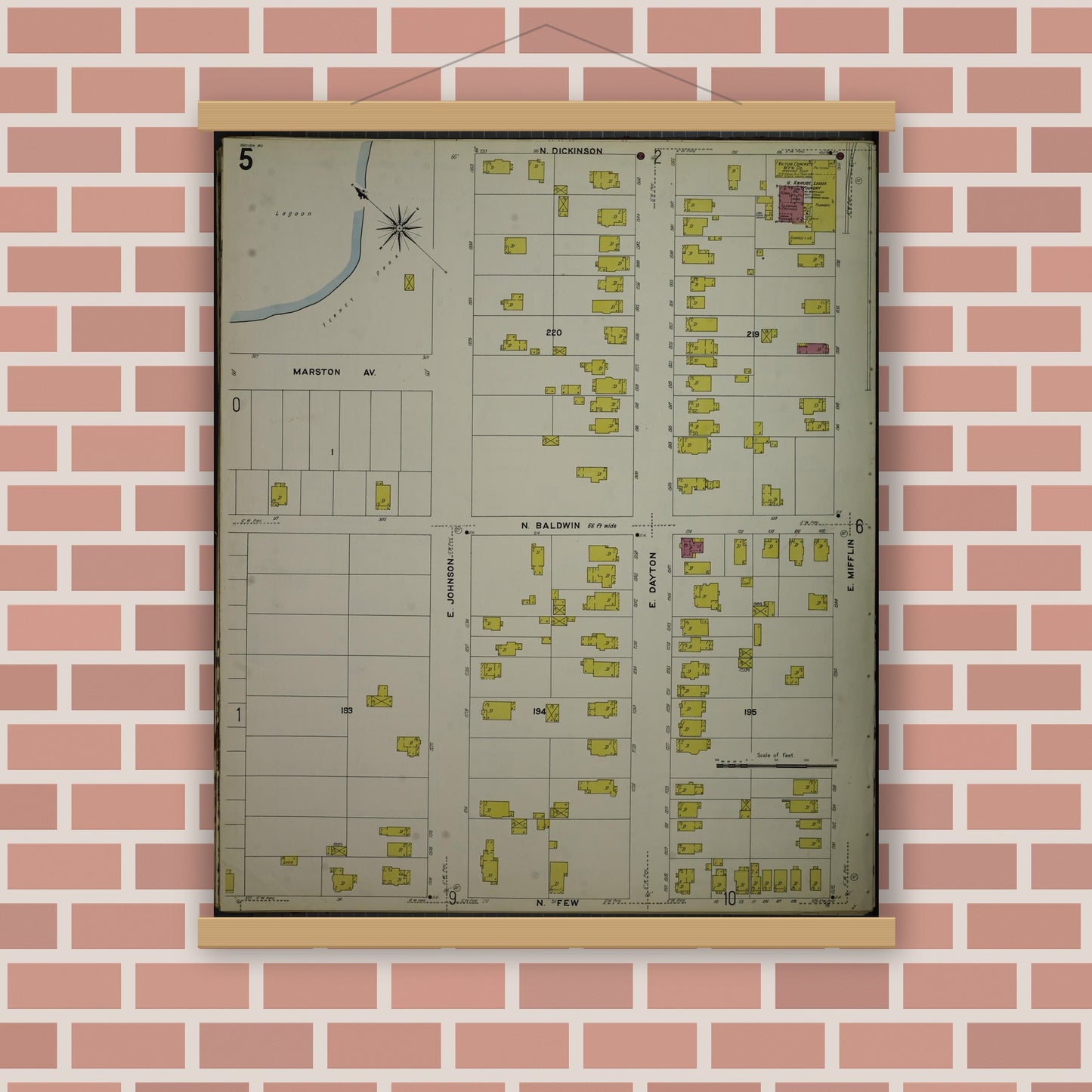 Old map wall art mockup — magnetic wood frame on brick wall — Sanborn Fire Insurance Map from Madison, Dane County, Wisconsin (1908), Sheet #0005