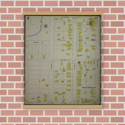Old map wall art mockup — magnetic wood frame on brick wall — Sanborn Fire Insurance Map from Madison, Dane County, Wisconsin (1908), Sheet #0005