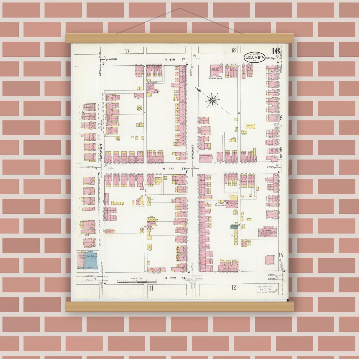 Old map wall art mockup — magnetic wood frame on brick wall — Sanborn Fire Insurance Map from Columbia, Lancaster County, Pennsylvania (1909), Sheet #0016
