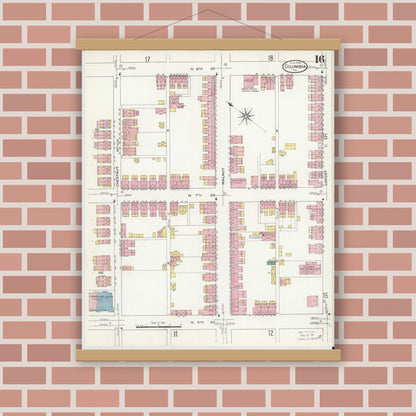 Old map wall art mockup — magnetic wood frame on brick wall — Sanborn Fire Insurance Map from Columbia, Lancaster County, Pennsylvania (1909), Sheet #0016
