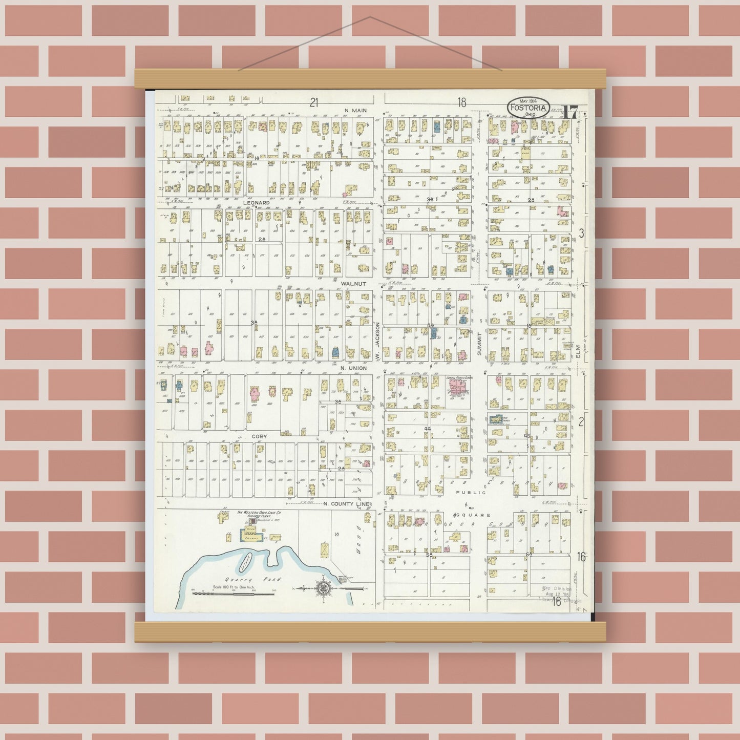 Old map wall art mockup — magnetic wood frame on brick wall — Sanborn Fire Insurance Map from Fostoria, Seneca, Hancock, And Wood Counties, Ohio (1914), Sheet #0017