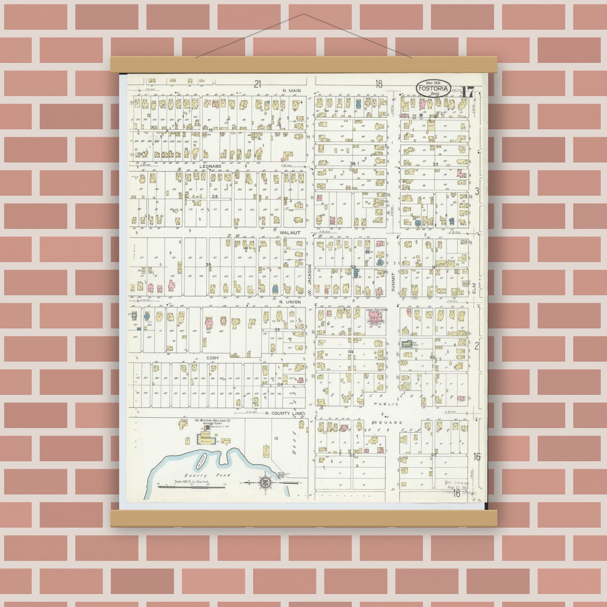 Old map wall art mockup — magnetic wood frame on brick wall — Sanborn Fire Insurance Map from Fostoria, Seneca, Hancock, And Wood Counties, Ohio (1914), Sheet #0017