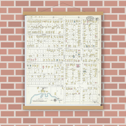 Old map wall art mockup — magnetic wood frame on brick wall — Sanborn Fire Insurance Map from Fostoria, Seneca, Hancock, And Wood Counties, Ohio (1914), Sheet #0017