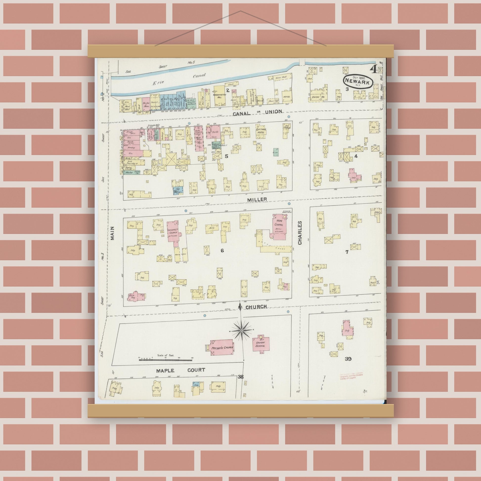 Old map wall art mockup — magnetic wood frame on brick wall — Sanborn Fire Insurance Map from Newark, Wayne County, New York (1890), Sheet #0004