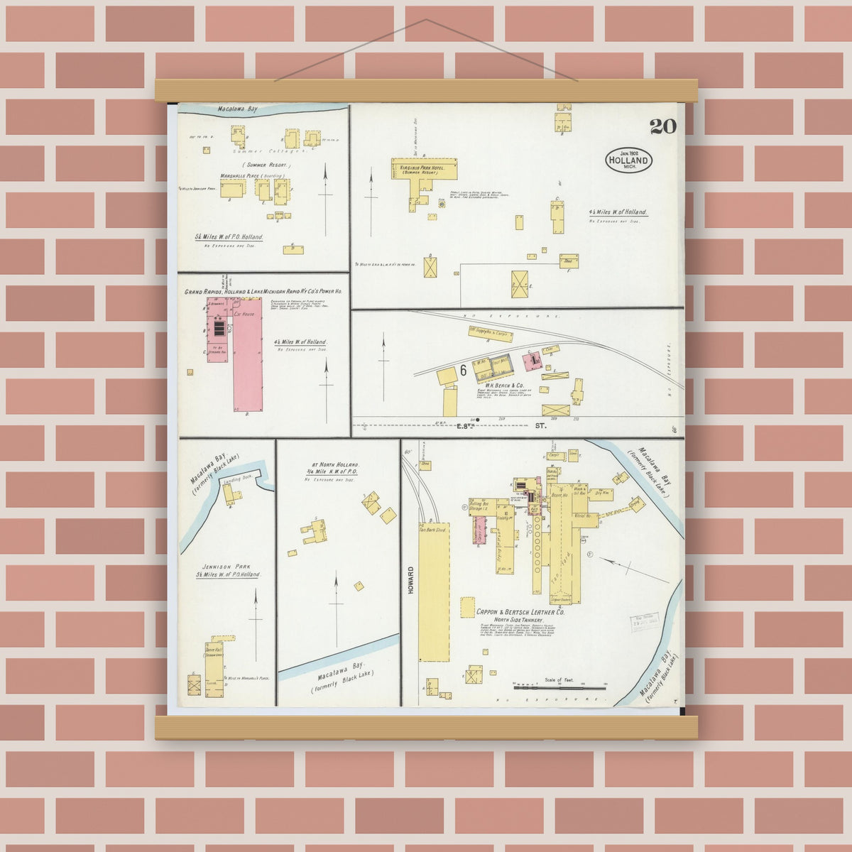 Old map wall art mockup — magnetic wood frame on brick wall — Sanborn Fire Insurance Map from Holland, Ottawa County, Michigan (1902), Sheet #0020