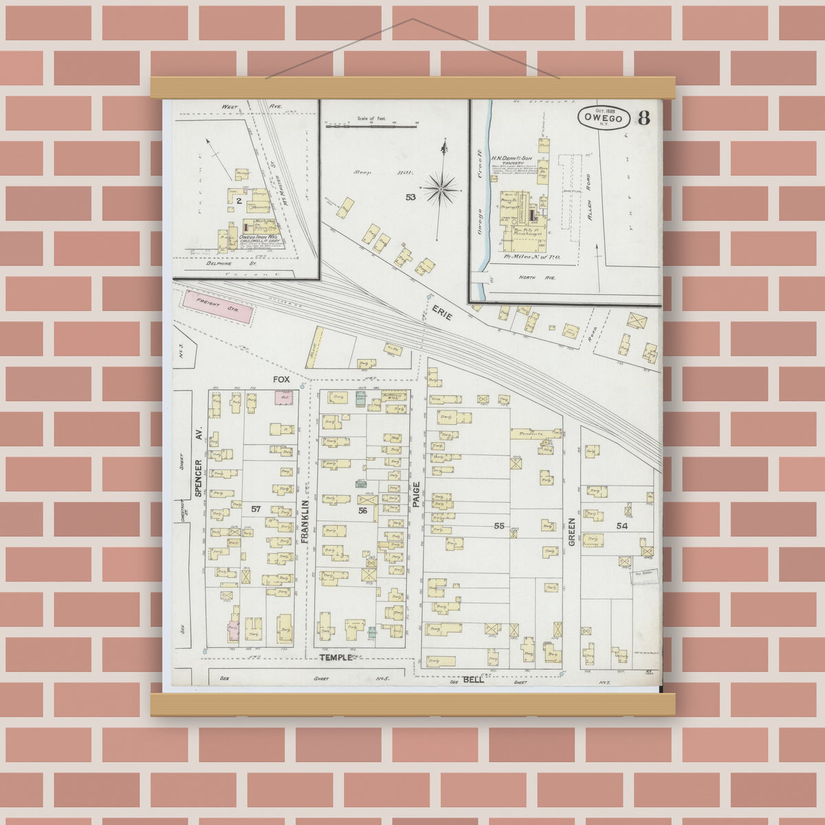 Old map wall art mockup — magnetic wood frame on brick wall — Sanborn Fire Insurance Map from Owego, Tioga County, New York (1888), Sheet #0008