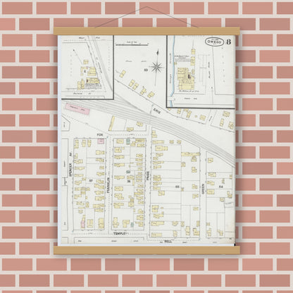 Old map wall art mockup — magnetic wood frame on brick wall — Sanborn Fire Insurance Map from Owego, Tioga County, New York (1888), Sheet #0008