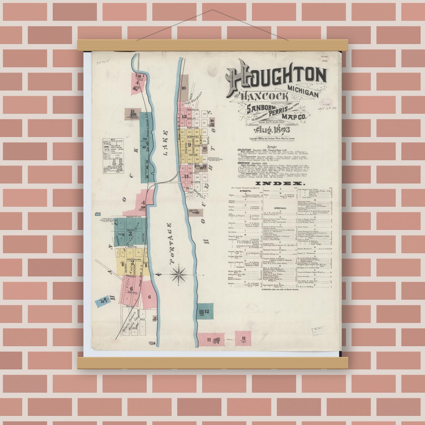 Old map wall art mockup — magnetic wood frame on brick wall — Sanborn Fire Insurance Map from Houghton, Houghton County, Michigan (1893) - Complete Map Set