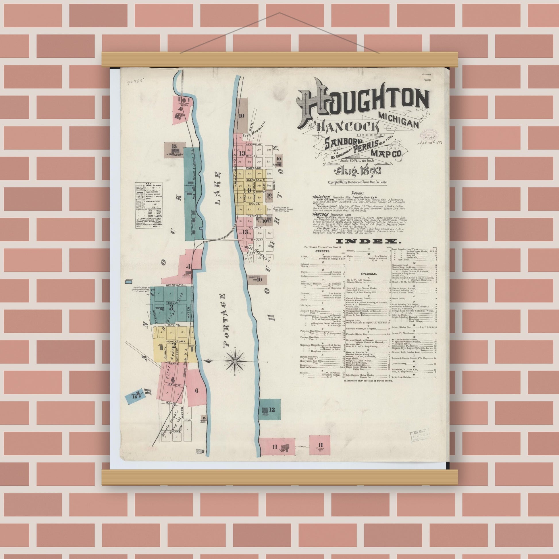 Old map wall art mockup — magnetic wood frame on brick wall — Sanborn Fire Insurance Map from Houghton, Houghton County, Michigan (1893) - Complete Map Set