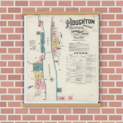Old map wall art mockup — magnetic wood frame on brick wall — Sanborn Fire Insurance Map from Houghton, Houghton County, Michigan (1893) - Complete Map Set