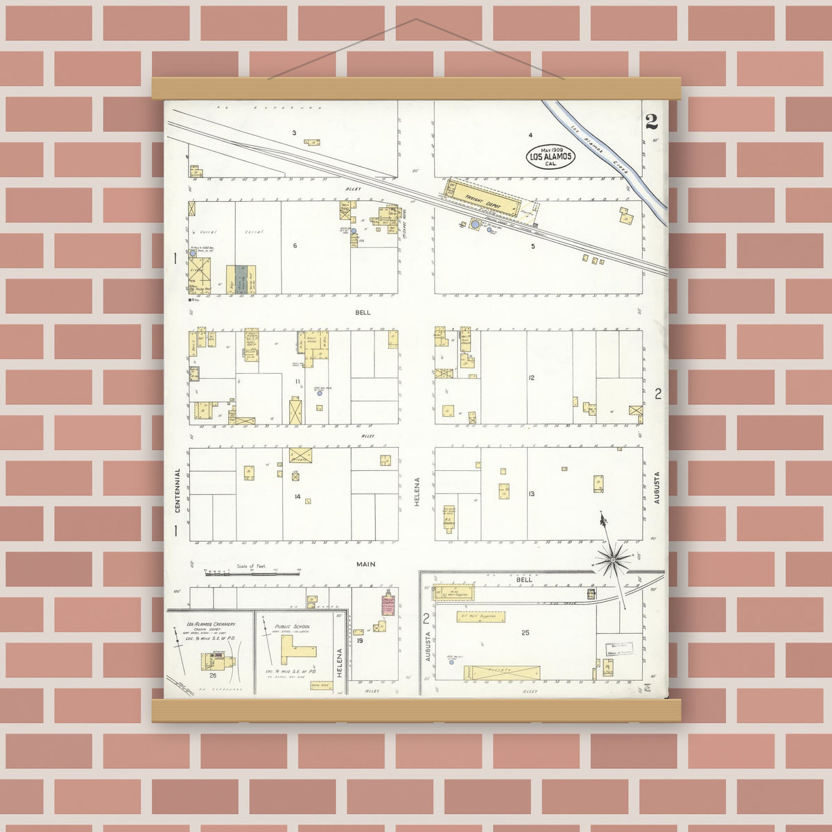 Old map wall art mockup — magnetic wood frame on brick wall — Sanborn Fire Insurance Map from Los Alamos, Santa Barbara County, California (1909), Sheet #0002