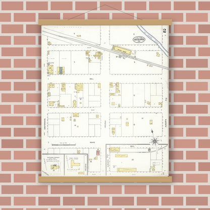 Old map wall art mockup — magnetic wood frame on brick wall — Sanborn Fire Insurance Map from Los Alamos, Santa Barbara County, California (1909), Sheet #0002