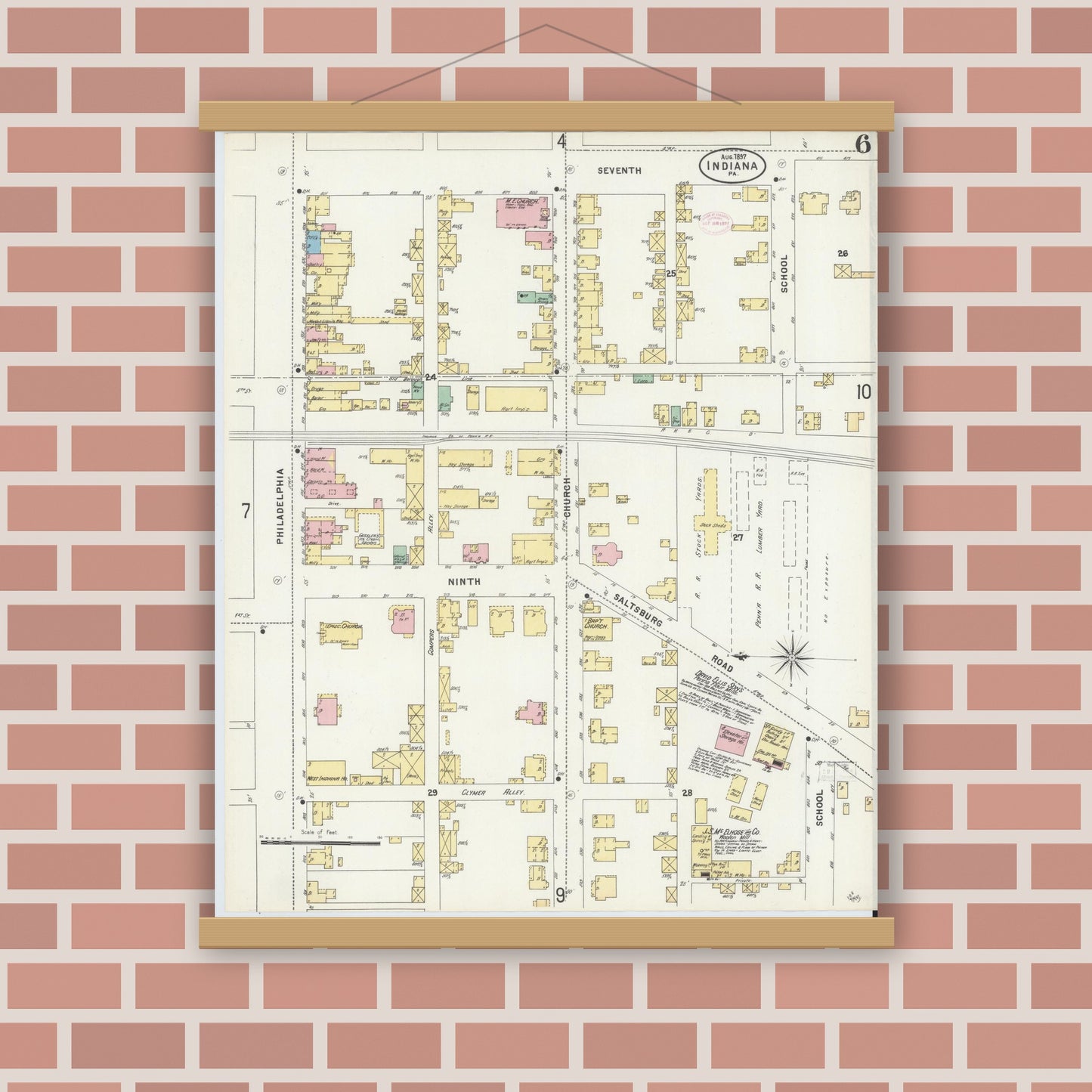 Old map wall art mockup — magnetic wood frame on brick wall — Sanborn Fire Insurance Map from Indiana, Indiana County, Pennsylvania (1888), Sheet #0006