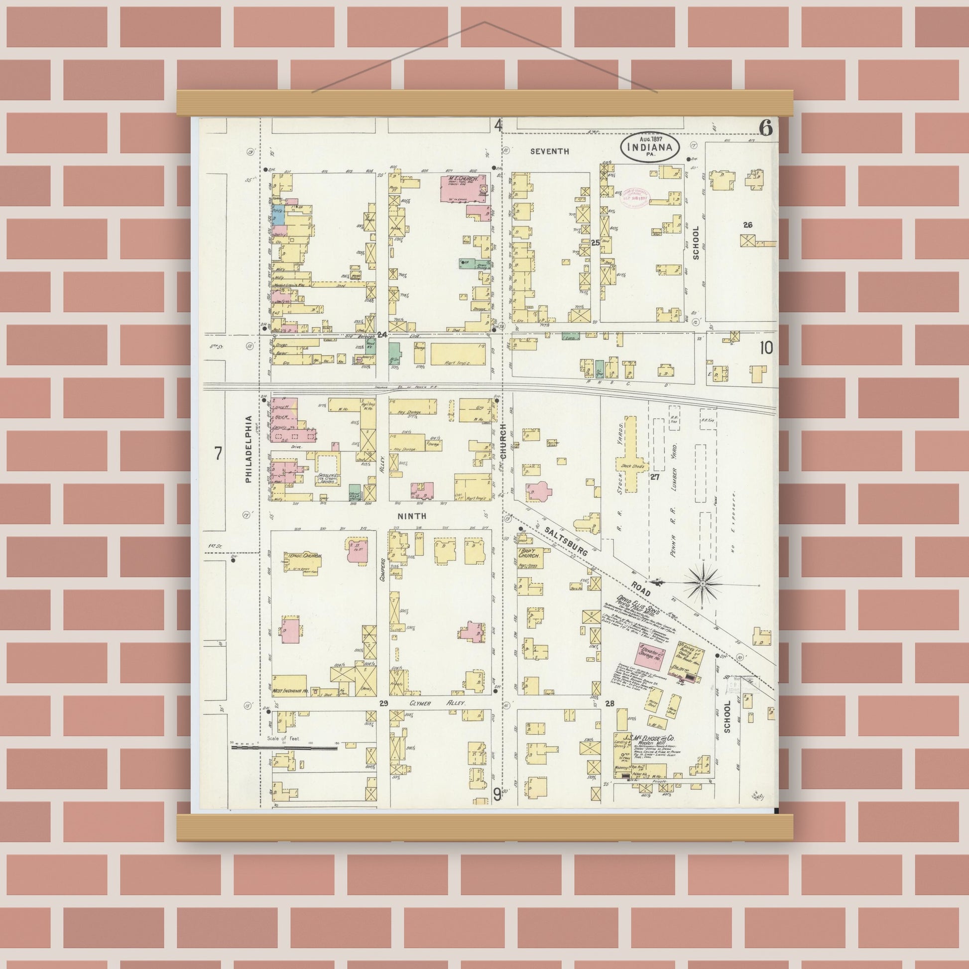 Old map wall art mockup — magnetic wood frame on brick wall — Sanborn Fire Insurance Map from Indiana, Indiana County, Pennsylvania (1888), Sheet #0006