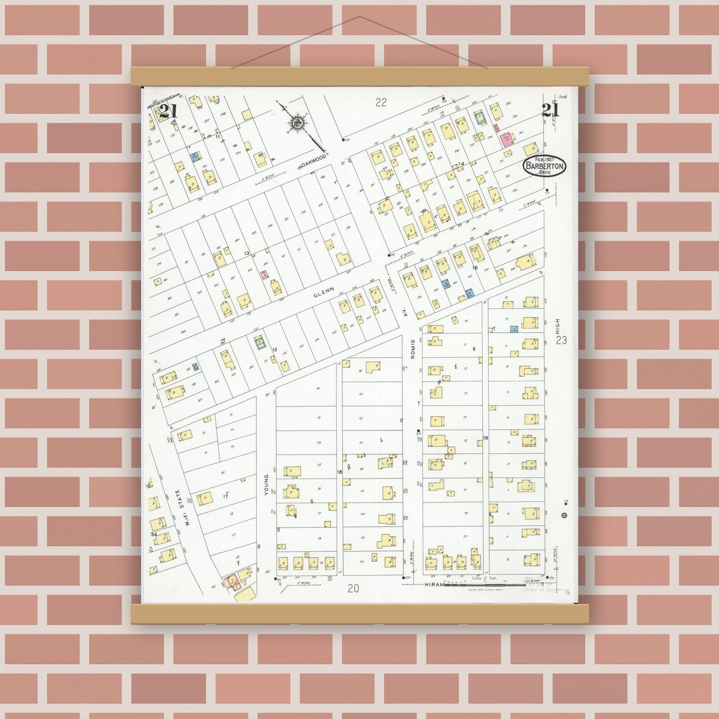 Old map wall art mockup — magnetic wood frame on brick wall — Sanborn Fire Insurance Map from Barberton, Summit County, Ohio (1927), Sheet #0021