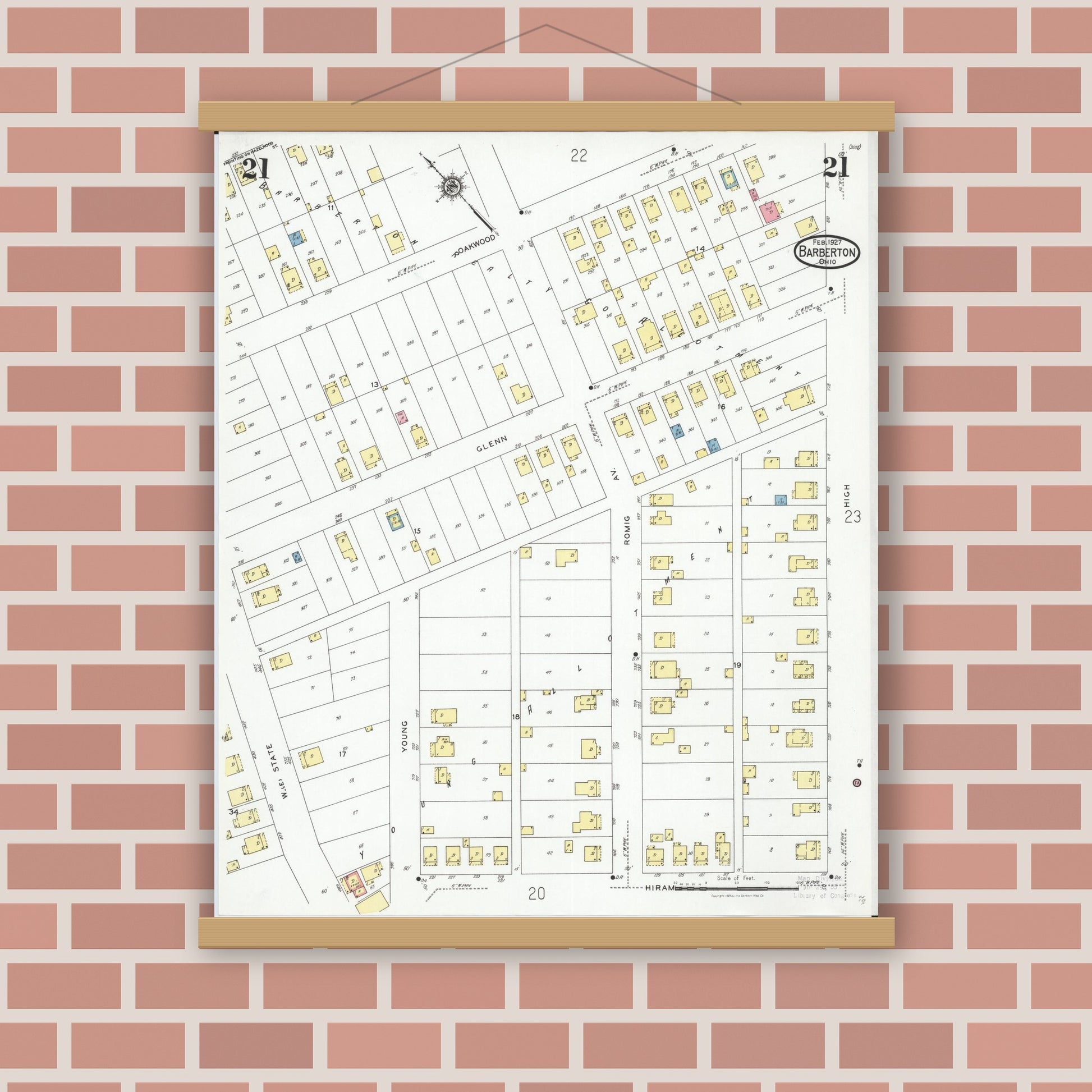 Old map wall art mockup — magnetic wood frame on brick wall — Sanborn Fire Insurance Map from Barberton, Summit County, Ohio (1927), Sheet #0021