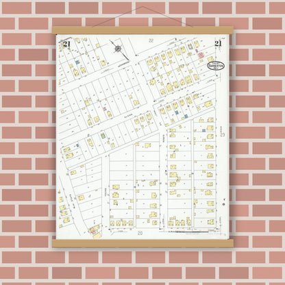 Old map wall art mockup — magnetic wood frame on brick wall — Sanborn Fire Insurance Map from Barberton, Summit County, Ohio (1927), Sheet #0021